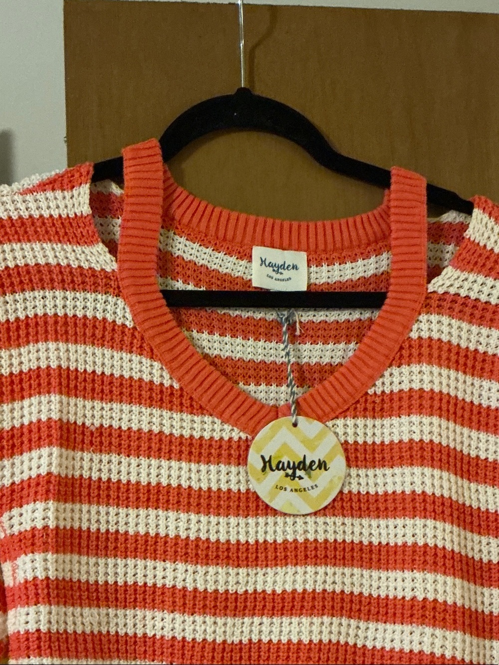 Hayden Coral and Cream Striped Crewneck Sweater
